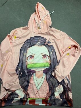 Pink Anime-Print Hooded Pullover Sweater with Graphic Front